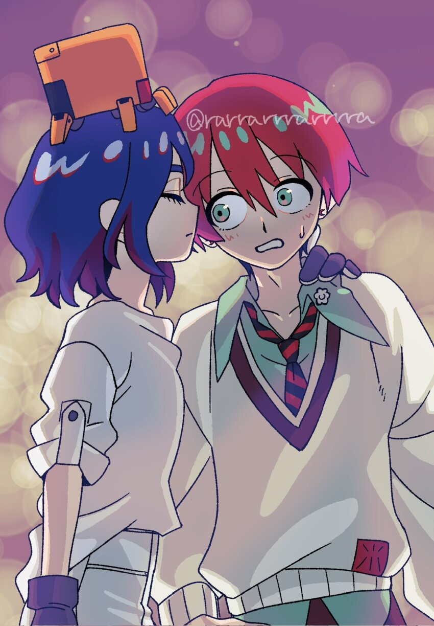 1boy 1girl amate_yuzuriha aqua_eyes blue_hair blush collared_shirt colored_inner_hair genderswap genderswap_(ftm) genderswap_(mtf) gloves gundam gundam_gquuuuuux highres multicolored_hair necktie non-humanoid_robot open_mouth purple_hair rarrarrrarrrra red_hair robot school_uniform shirt short_hair shuji_ito smelling sweatdrop sweater two-tone_hair white_shirt