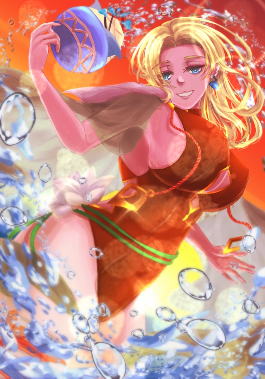 blonde_hair blue_eyes breasts cape coconut earrings ekakimochiiiiii fire_emblem fire_emblem:_the_sacred_stones highres jewelry large_breasts medium_hair nintendo official_alternate_costume selena_(fire_emblem:_the_sacred_stones) selena_(summer)_(fire_emblem:_the_sacred_stones) smile swimsuit