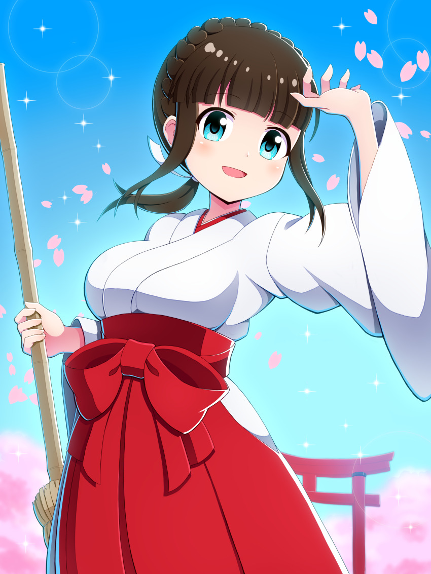 1girl absurdres asahina_kokomi battle_girl_high_school blue_eyes blunt_bangs braid broom brown_hair hakama hakama_skirt highres holding holding_broom iwarihhi japanese_clothes miko open_mouth outdoors petals ponytail red_hakama skirt solo torii wide_sleeves