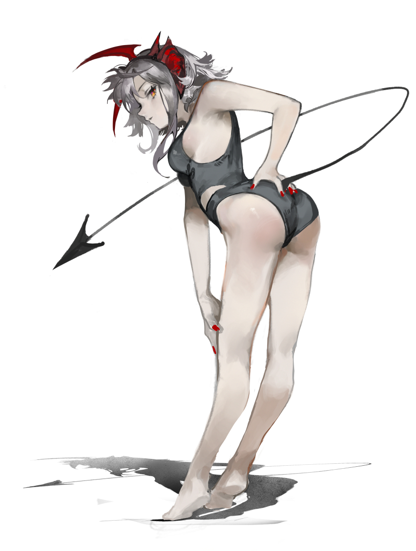 1girl absurdres arknights ass bare_arms bare_shoulders barefoot black_panties black_tail black_tank_top breasts fingernails full_body grey_hair hand_on_own_ass hand_on_own_knee highres jiuxiaoshi leaning leaning_forward looking_at_viewer medium_breasts medium_hair nail_polish no_pants orange_eyes panties parted_lips profile red_nails simple_background soles solo standing tail tank_top underwear w_(arknights) white_background