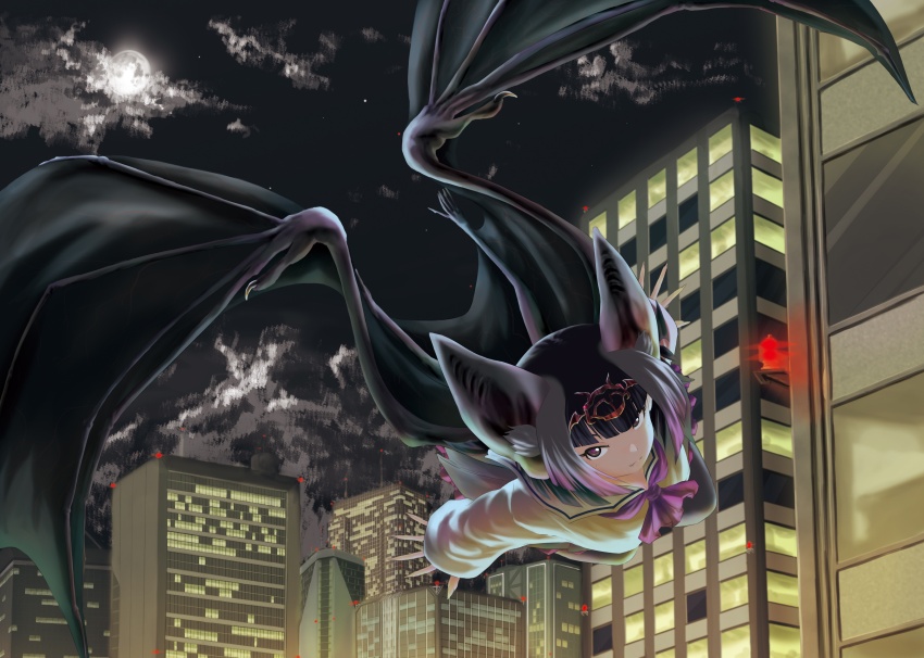 1girl absurdres animal_ears bat_ears bat_girl bat_wings black_eyes black_hair bow bowtie building common_vampire_bat_(kemono_friends) extra_ears hair_ornament highres kemono_friends looking_at_viewer moon night night_sky sailor_collar school_uniform short_hair skirt sky solo thighhighs tj_minako wings