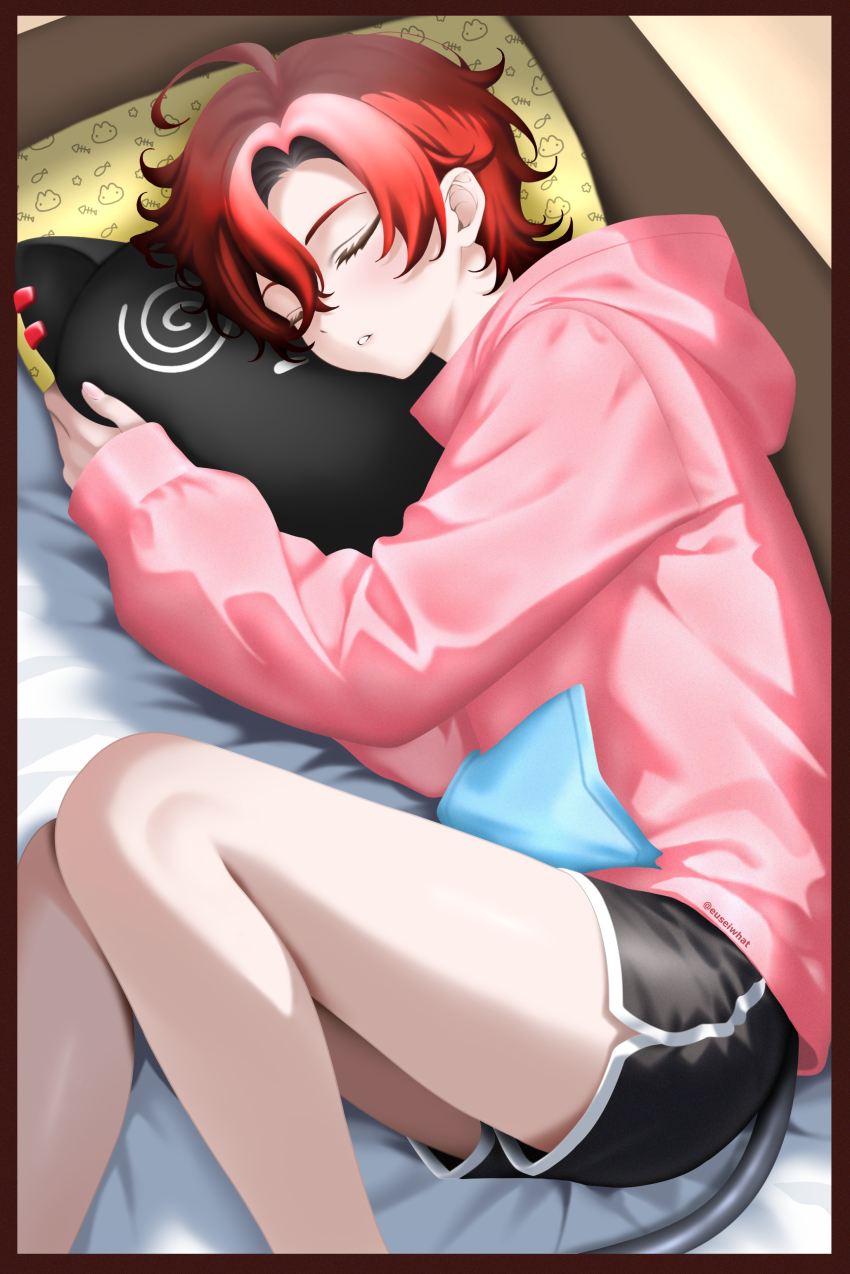 1boy absurdres ahoge alternate_costume bed black_shorts closed_eyes closed_mouth dolphin_shorts euseiwhat highres holostars holostars_english hood hoodie long_sleeves lying machina_x_flayon machiroon_(machina_x_flayon) male_focus on_side parted_lips pillow pink_hoodie red_hair short_hair shorts sleeping solo stuffed_toy thighs virtual_youtuber