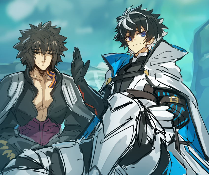 2boys archimedes_(fate) armor black_eyes black_hair black_shirt blue_eyes charlemagne_(fate) fate/extella fate/extella_link fate/extra fate_(series) gauntlets light_smile melon22 multicolored_hair multiple_boys shirt short_hair sword weapon white_hair