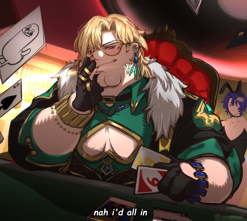 2boys 69 animal_ears aventurine_(honkai:_star_rail) aventurine_(honkai:_star_rail)_(cosplay) belt black_gloves black_leotard blonde_hair blue_hair bracelet card chain cleavage_cutout clothing_cutout collared_shirt commentary cosplay crossdressing dickbutt dr._ratio_(honkai:_star_rail) dutch_angle earrings english_commentary english_text fake_animal_ears family_guy from_below fur_trim glasses gloves gold_ring grey_shirt hand_on_own_chin highres holding holding_card honkai:_star_rail honkai_(series) indoors jewelry kowai_(iamkowai) leotard looking_at_viewer looking_down loss_(meme) multiple_boys multiple_rings orange_eyes peter_griffin playboy_bunny playing_card rabbit_ears ring shirt sitting uno_(game) yu-gi-oh!