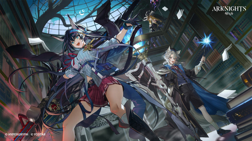 1boy 2girls animal_ears arknights bassline_(arknights) bassline_(starry_night_sky)_(arknights) black_choker black_dress black_gloves black_hat black_jacket blaze_(arknights) blaze_the_igniting_spark_(arknights) blonde_hair blue_coat blue_eyes blue_hair blue_shirt blue_shorts book book_stack bookshelf breasts cat_ears chainsaw choker coat commentary copyright_name copyright_notice crescent_moon degenbrecher_(arknights) degenbrecher_(the_shadow_of_the_dark_moon)_(arknights) dress english_commentary feet_out_of_frame full_body gloves goat_ears goat_girl goat_horns grey_hair half_gloves hat highres holding holding_chainsaw holding_shield holding_wand horns indoors infection_monitor_(arknights) jacket jacket_on_shoulders kyo_zip large_breasts long_hair magic moon multiple_girls official_alternate_costume official_art pleated_skirt pouch railing red_eyes red_skirt second-party_source shield shirt shorts skirt socks striped_clothes striped_shirt tail two-sided_coat two-sided_fabric vertical-striped_clothes vertical-striped_shirt very_long_hair wand white_socks witch_hat wolf_boy wolf_ears wolf_tail
