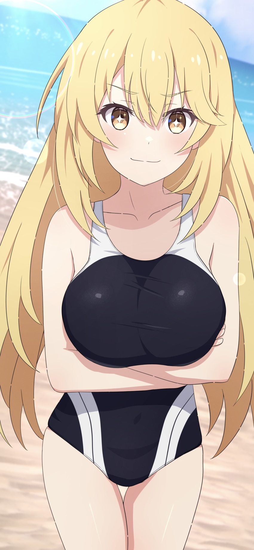 1girl absurdres arms_under_breasts beach black_one-piece_swimsuit blonde_hair breasts closed_mouth collarbone competition_school_swimsuit competition_swimsuit crossed_arms highleg highleg_one-piece_swimsuit highres large_breasts long_hair looking_at_viewer multicolored_swimsuit na-suke ocean one-piece_swimsuit outdoors sand school_swimsuit shokuhou_misaki simple_background smile solo sparkling_eyes star_(symbol) swimsuit symbol-shaped_pupils thigh_gap toaru_kagaku_no_mental_out toaru_kagaku_no_railgun toaru_majutsu_no_index tokiwadai_school_swimsuit two-tone_one-piece_swimsuit two-tone_swimsuit yellow_eyes