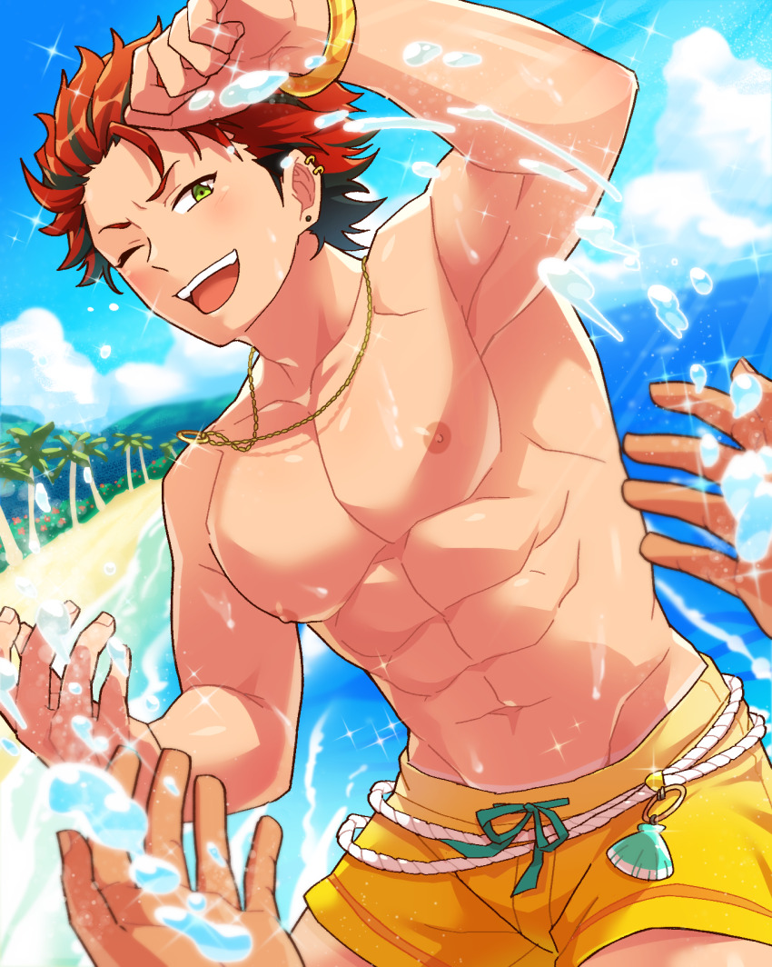 1boy abs alternate_costume aopanda arm_up beach black_hair bracelet ear_piercing earrings ensemble_stars! gold_bracelet gold_necklace green_eyes highres jewelry kiryu_kuro looking_at_viewer male_focus male_swimwear multicolored_hair necklace nipples one_eye_closed open_mouth pectorals piercing pov pov_hands red_hair ring ring_necklace short_hair smile solo sparkle splashing streaked_hair stud_earrings swim_trunks tan tanline teeth toned toned_male two-tone_hair upper_teeth_only yellow_male_swimwear