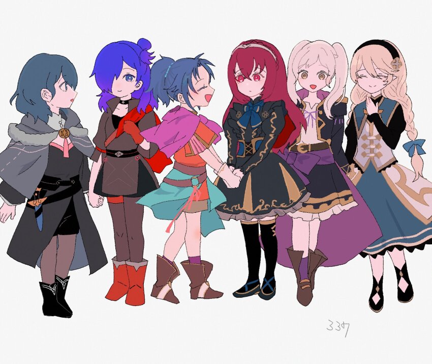 6+girls :d aged_down alternate_costume black_dress black_hairband blue_hair braid brown_eyes closed_eyes closed_mouth crossed_bangs dress female_alear_(fell_dragon)_(fire_emblem) female_alear_(fire_emblem) female_alear_(red_days_past)_(fire_emblem) female_byleth_(fire_emblem) female_corrin_(fire_emblem) female_corrin_(young_kinship)_(fire_emblem) female_kris_(fire_emblem) female_robin_(fire_emblem) female_robin_(young)_(fire_emblem) female_shez_(fire_emblem) fire_emblem fire_emblem:_new_mystery_of_the_emblem fire_emblem:_three_houses fire_emblem_awakening fire_emblem_engage fire_emblem_fates fire_emblem_heroes fire_emblem_warriors:_three_hopes full_body gloves grey_hair hair_between_eyes hairband highres holding_hands juliet_sleeves long_hair long_sleeves looking_at_another multiple_girls nintendo official_alternate_costume open_mouth pantyhose pointy_ears ponytail puffy_sleeves purple_eyes purple_hair red_eyes red_gloves red_hair sasaki_(dkenpisss) shirt shoes short_hair short_sleeves shorts single_glove skirt smile thighhighs tiara twin_braids twintails white_background white_hair