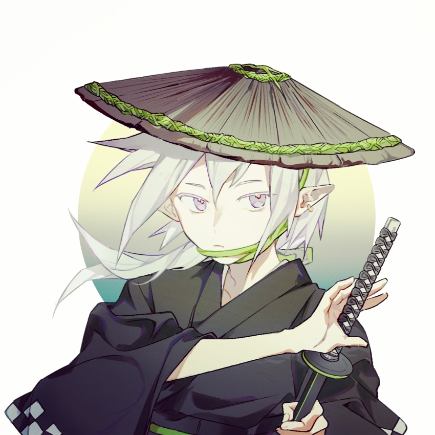 1boy ajirogasa aotu_world black_kimono brown_hat chin_strap chinese_commentary chuanhua closed_mouth colored_eyelashes commentary commentary_request earrings english_commentary grey_(aotu_world) grey_eyes hat highres holding_slingshot japanese_clothes jewelry katana kimono long_hair long_sleeves male_focus mixed-language_commentary pointy_ears solo sword upper_body weapon wide_sleeves
