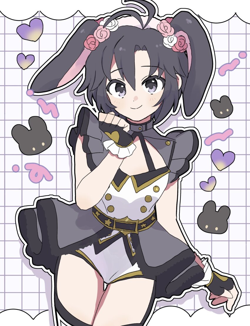 1girl animal_ears antenna_hair belt black_belt black_eyes black_gloves black_hair closed_mouth cowboy_shot fake_animal_ears fingerless_gloves flower frills gloves gold_trim grid_background hair_flower hair_ornament hand_up highres idolmaster idolmaster_(classic) idolmaster_stella_stage kikuchi_makoto light_blush looking_at_viewer outline overskirt pnt_0202 rabbit_ears short_hair sleeveless smile solo standing thighhighs top!_clover_(idolmaster) white_outline
