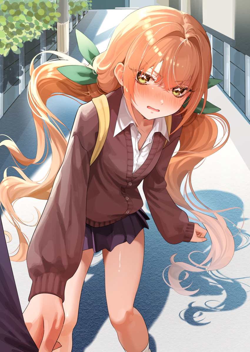 1girl absurdres blonde_hair blush cardigan commentary green_ribbon hair_between_eyes hair_ornament hair_ribbon highres inda_karane kimi_no_koto_ga_dai_dai_dai_dai_daisuki_na_100-nin_no_kanojo long_hair long_sleeves looking_at_viewer ohananomitsu_high_school_uniform open_mouth perapera_o2 ribbon school_uniform shirt skirt twintails yellow_eyes