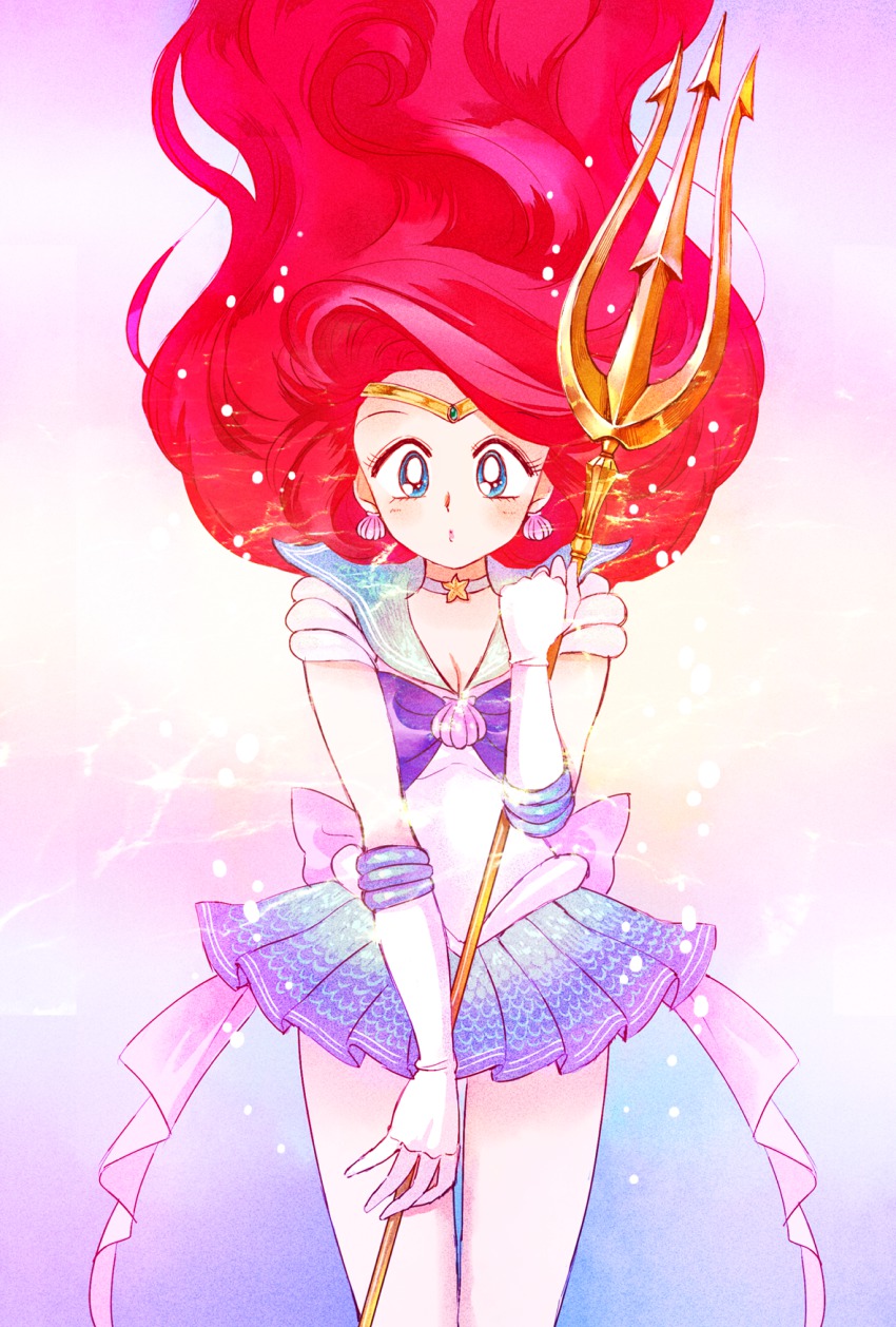 1girl ariel_(disney) bishoujo_senshi_sailor_moon blue_eyes blue_skirt breasts choker circlet cleavage cosplay disney earrings elbow_gloves female_focus gloves highres humanization jewelry lipstick long_hair makeup miniskirt parody pink_lips pleated_skirt polearm red_hair ribbon sailor_collar sailor_senshi sailor_senshi_(cosplay) shell shell_earrings shira_(busi) skirt small_breasts solo star_(symbol) style_parody the_little_mermaid_(disney) trident underwater unofficial_sailor_senshi_uniform weapon white_gloves