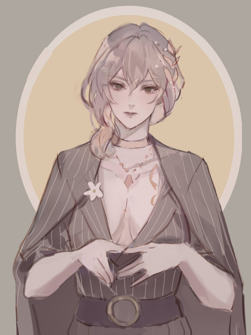 1girl aglaea_(fashion)_(honkai:_star_rail) aglaea_(honkai:_star_rail) blonde_hair breast_tattoo breasts cleavage commentary english_commentary gold_choker gold_tattoo grey_background grey_jacket grey_shirt highres honkai:_star_rail honkai_(series) jacket jacket_on_shoulders jewelry large_breasts laurel_crown morillys necklace official_alternate_costume oval_background shirt short_hair solo tattoo yellow_background