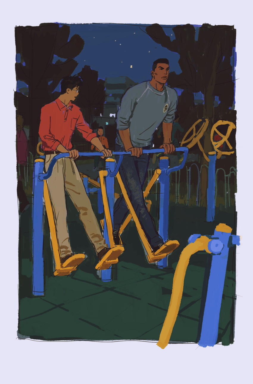 3boys absurdres akagi_takenori black_hair brown_footwear brown_pants building chengongzi123 collared_shirt commentary dark-skinned_male dark_skin denim exercising full_body highres jeans kogure_kiminobu long_sleeves looking_at_another male_focus multiple_boys night night_sky open_mouth outdoors pants shirt shoes short_hair sky slam_dunk_(series) standing symbol-only_commentary thick_lips very_short_hair