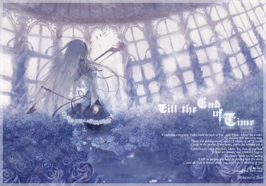 10s 1girl akemi_homura akemi_homura_(magical_girl) arch arrow_(projectile) bad_id bad_pixiv_id blue_flower blue_rose blue_theme bow_(weapon) english_text female_focus flower from_behind greenhouse hairband kistina long_hair lyrics magical_girl mahou_shoujo_madoka_magica mahou_shoujo_madoka_magica_(anime) monochrome purple_theme rose solo standing weapon
