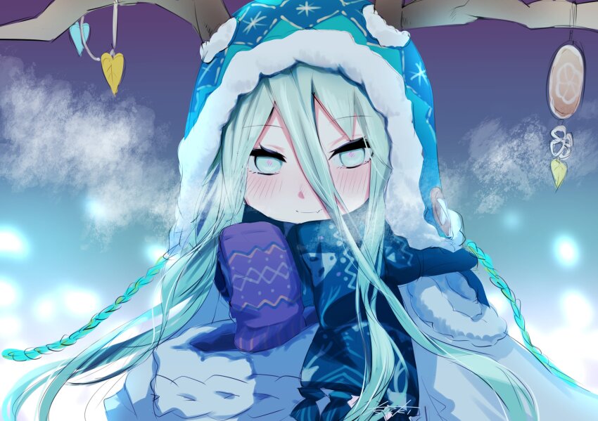 1girl antler_ornament antlers antlers_through_headwear aqua_eyes aqua_hair beanie blue_background blue_hat blue_scarf blush breath fate/grand_order fate_(series) gradient_background hair_between_eyes hat highres horns long_hair long_sleeves looking_at_viewer louhi_(fate) louhi_(second_ascension)_(fate) mittens purple_background purple_mittens scarf smile solo sweater tsu_ki2 upper_body white_sweater winter winter_clothes