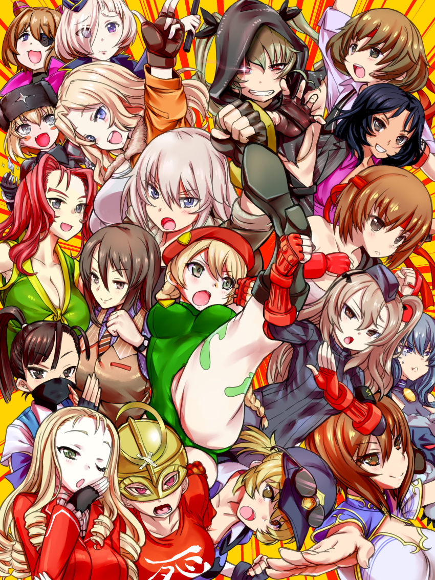 absurdres akiyama_yukari alternate_hairstyle anchovy_(girls_und_panzer) black_boots black_hair blonde_hair blue_eyes blue_hair boots braid brown_eyes brown_hair commission copyright_request cosplay crossover darjeeling_(girls_und_panzer) dark-skinned_female dark_skin drill_hair eclair_(girls_und_panzer) el_(girls_und_panzer) eyewear_on_headwear girls_und_panzer green_eyes green_hair green_hood green_leotard grey_eyes grey_hair hairband hat helmet high_kick highres hood hoodie itsumi_erika jacket katyusha_(girls_und_panzer) kay_(girls_und_panzer) kebiko_(girls_und_panzer) kicking leotard long_hair maiko_(girls_und_panzer) marie_(girls_und_panzer) mika_(girls_und_panzer) multiple_girls nabeyu nishi_kinuyo nishizumi_maho nishizumi_miho orange_hair parody parody_request ponytail purple_eyes red_eyes red_hairband red_jacket red_shirt senju_(girls_und_panzer) shimada_arisu shirt short_hair sophia_(girls_und_panzer) street_fighter sunglasses twin_drills twintails white_hair yuuko_(girls_und_panzer)