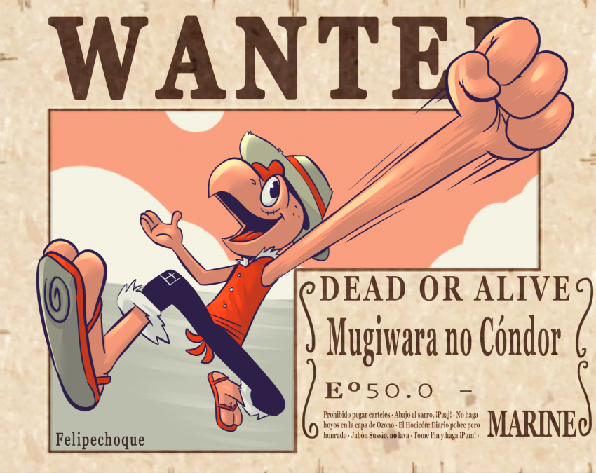 1boy andean_condor artist_name black_pants clenched_hand condor condorito condorito_(character) cosplay crossover english_text felipe_choque full_body hat monkey_d._luffy monkey_d._luffy_(cosplay) one_piece open_mouth pants sandals scar smile solo solo_focus spanish_text straw_hat wanted_poster