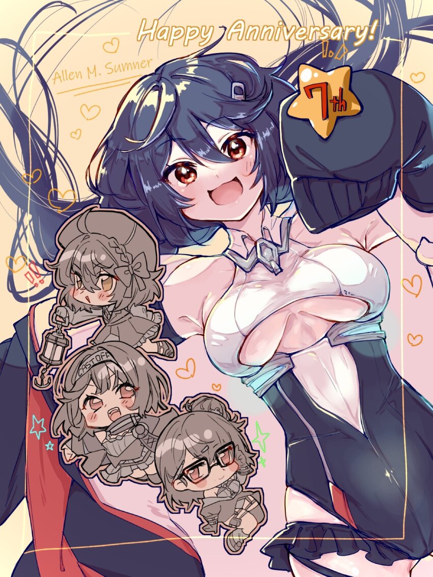 ! !! 4girls allen_m._sumner_(azur_lane) anniversary azur_lane beret blue_hair bow breasts bristol_(azur_lane) character_name chibi clothing_cutout cooper_(azur_lane) detached_sleeves glasses hair_bow hairband hat heart highres holding holding_lantern ingraham_(azur_lane) lantern long_hair looking_at_viewer medium_breasts multiple_girls nasu569083 notice_lines open_mouth pleated_skirt rectangular_eyewear red_eyes skirt sleeves_past_fingers sleeves_past_wrists smile star_(symbol) underboob underboob_cutout very_long_hair