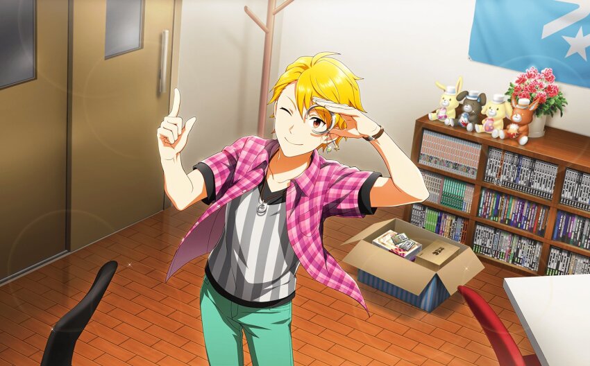 1boy ahoge blonde_hair box breast_pocket door fingernails floor flower flower_pot green_pants highres idolmaster idolmaster_side-m idolmaster_side-m_live_on_stage! indoors jewelry maita_rui male_focus necklace official_art one_eye_closed pants pocket red_flower shelf shirt short_sleeves smile striped_clothes striped_shirt stuffed_animal stuffed_rabbit stuffed_toy