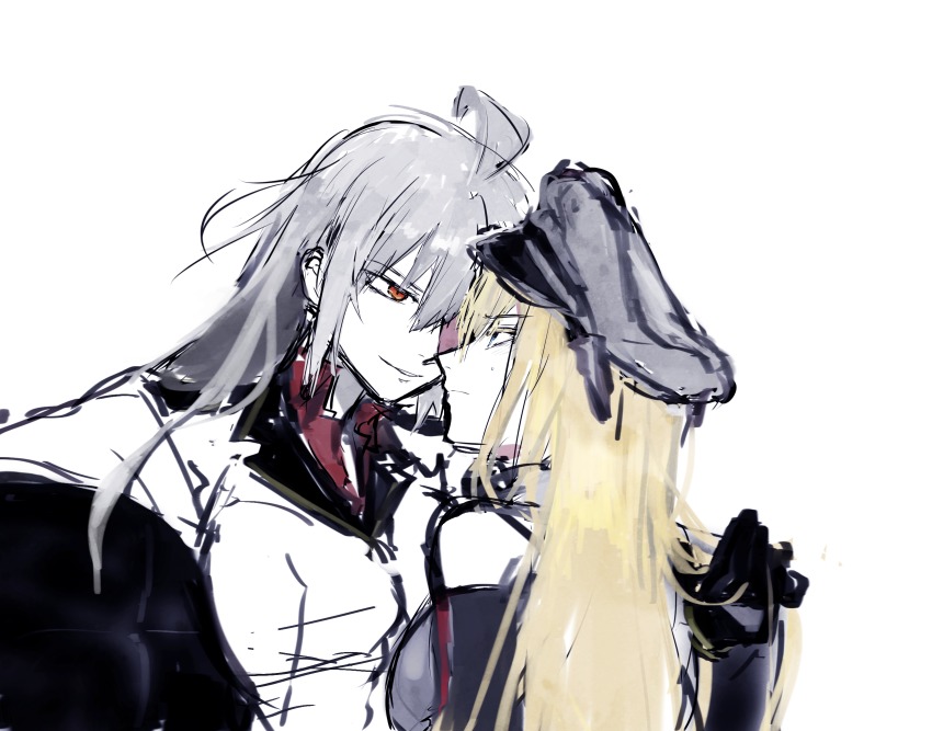 2girls agtt25333 ahoge bismarck_(kancolle) blonde_hair breasts commentary commentary_request gangut_(kancolle) hat highres kantai_collection multiple_girls oekaki peaked_cap popped_collar red_eyes silver_hair yuri
