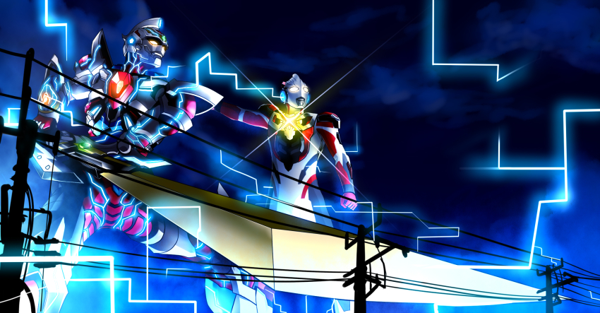 2boys acceptor circuit_board commentary crossover giant ginga_no_kou glowing glowing_eyes glowing_lines gridman_(ssss) gridman_calibur gridman_universe highres holding holding_sword holding_weapon huge_weapon long_sword multiple_boys night night_sky no_pupils sky ssss.gridman sword tokusatsu ultra_series ultraman_x ultraman_x_(series) weapon yellow_eyes
