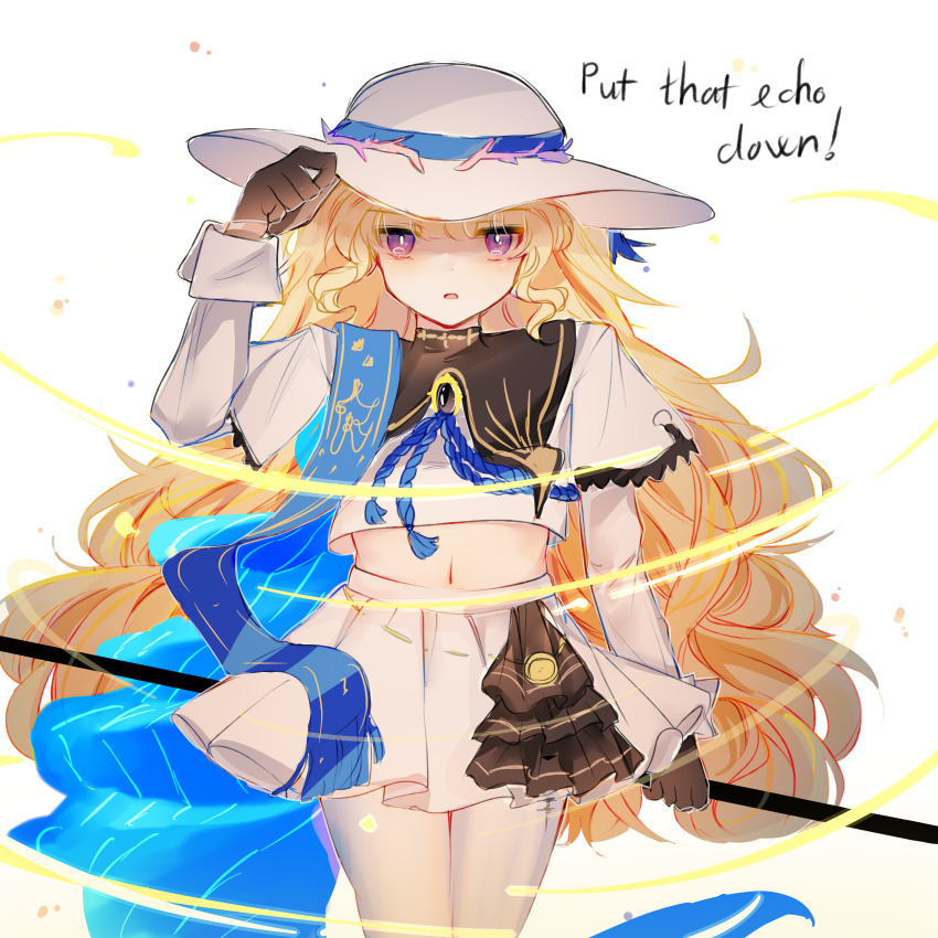 1girl absurdres adjusting_clothes adjusting_headwear black_collar black_gloves blonde_hair blue_sash collar commentary cowboy_shot english_commentary english_text gloves hand_up hat highres holding holding_staff long_hair long_sleeves looking_at_viewer midriff mikori navel pantyhose partially_shaded_face phoebe_(wuthering_waves) purple_eyes sash shirt simple_background skirt solo staff tacet_mark_(wuthering_waves) very_long_hair white_background white_hat white_pantyhose white_shirt white_skirt wuthering_waves