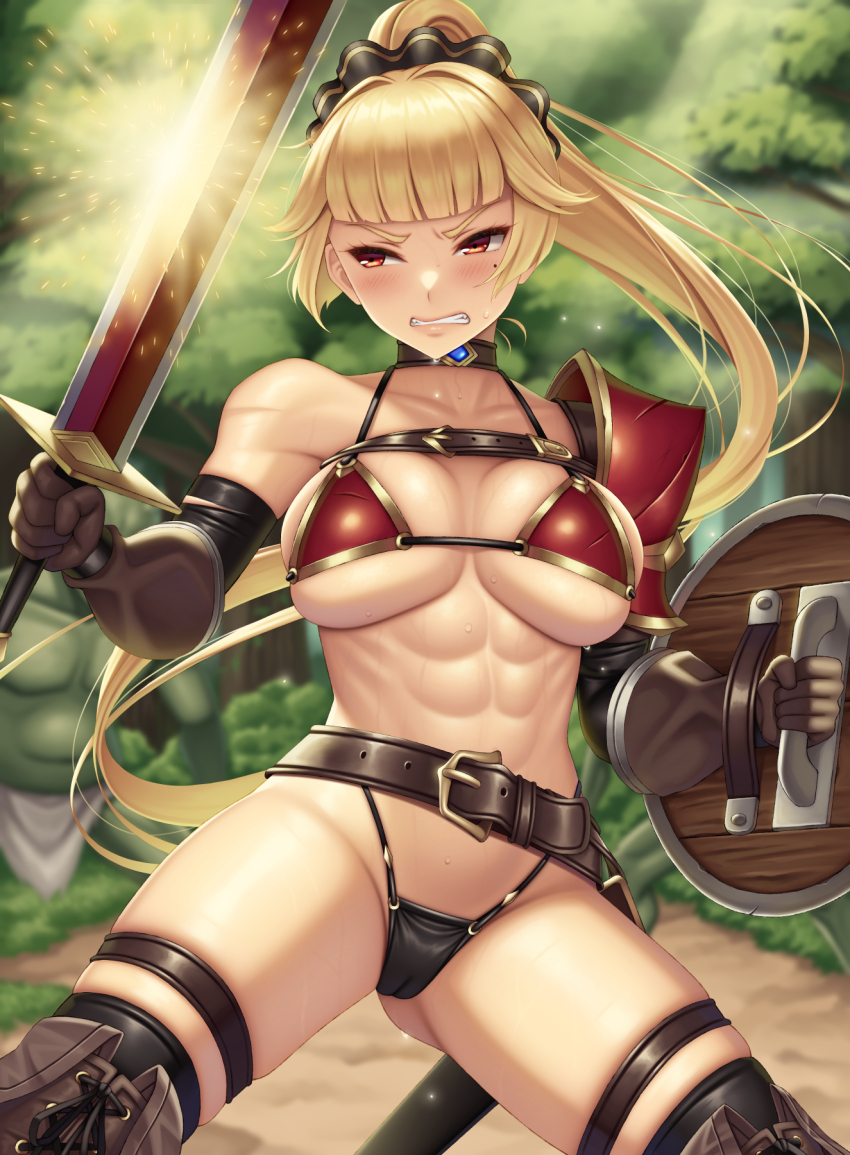 1girl armor bikini_armor blonde_hair blush clenched_teeth collarbone goblin goblin_male highres loincloth long_hair muscular muscular_female original outdoors ponytail shield solo_focus sparks standing sweat sword teeth warrior weapon