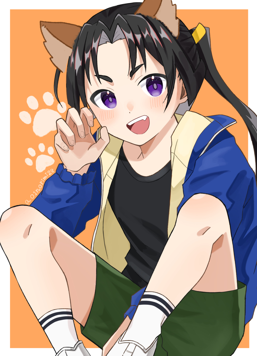 1boy absurdres androgynous animal_ears black_hair black_shirt blue_jacket border cat_ears green_shorts hand_up highres houjou_tokiyuki_(nige_jouzu_no_wakagimi) jacket kemonomimi_mode knees_up long_hair long_sleeves looking_at_viewer male_focus nige_jouzu_no_wakagimi norimi_(01norimi28) open_clothes open_jacket open_mouth orange_background ponytail purple_eyes shirt shorts smile socks solo white_border white_socks