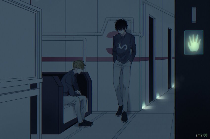 2boys against_wall black_footwear black_hair blonde_hair collared_shirt couch covered_eyes door dress_shirt glowing grey_pants grey_shirt hair_over_eyes hallway handprint hands_in_pockets highres htr_wiwi indoors inukai_sumiharu kageura_masato long_sleeves male_focus multiple_boys pants print_shirt profile shirt shoes short_hair sitting spiked_hair standing tile_floor tiles timestamp white_pants world_trigger