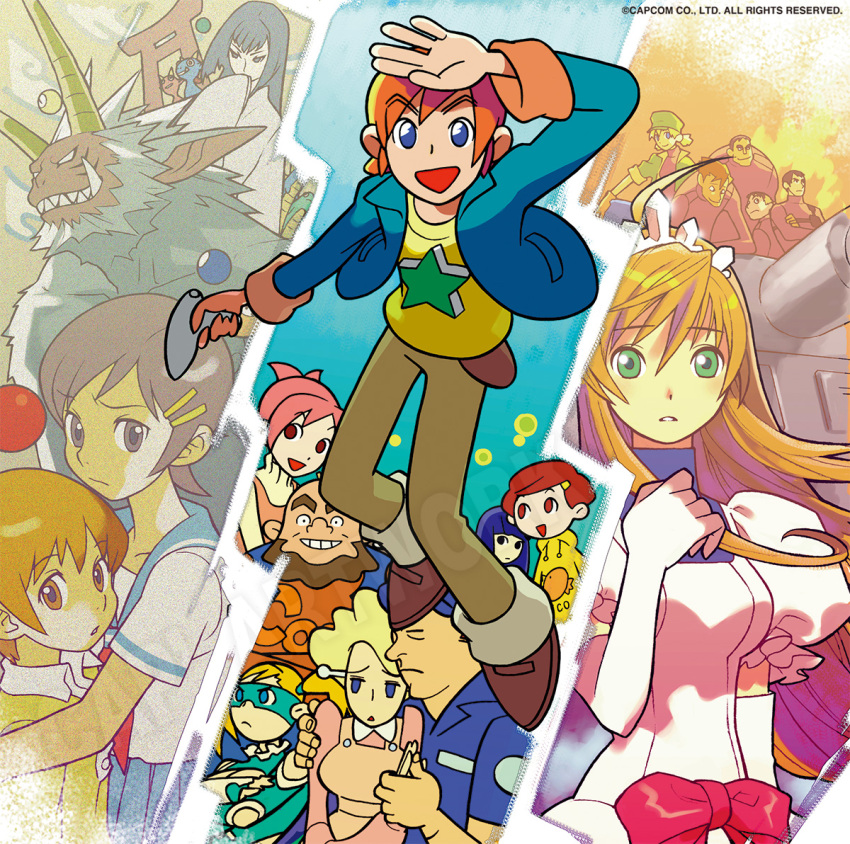 6+boys 6+girls :d bad_link ball beard black_hair blonde_hair blue_collar blue_eyes blue_hair blue_jacket blue_mask blue_skirt blue_stripes blunt_ends border bow brown_eyes brown_footwear brown_hair brown_pants capcom character_request chicken_print child cleavage_cutout closed_mouth clothing_cutout cloud collar collared_shirt crossed_arms dress dress_bow elbow_gloves english_text facial_hair fire floating floating_object frilled_collar frilled_sleeves frills frown full_beard gloves gradient_background green_eyes green_hat green_jacket gun hair_between_eyes hair_ornament hair_pulled_back hair_tie hairclip hat holding holding_gun holding_weapon hood hoodie jacket leotard light_blue_jacket light_brown_hair long_sleeves looking_at_viewer looking_to_the_side looking_up mandarin_collar military_vehicle motor_vehicle multiple_boys multiple_girls neckerchief official_art oni open_mouth orange_gloves orange_hair orange_wrist_cuffs outside_border paneled_background pants pink_hair pleated_skirt pocket princess puffy_sleeves rainbow_mika red_bow red_neckerchief red_uniform school_uniform second-party_source serafuku serious sharp_teeth shirt short_hair skirt sleeves_rolled_up smile star_(symbol) star_print startling_adventures straight_hair street_fighter striped_clothes striped_collar striped_dress tank teeth text_print thick_eyebrows tiara toon_(style) torii twintails upper_body v-shaped_eyebrows vertical-striped_clothes vertical-striped_dress vertical-striped_sleeves watermark weapon white_border white_collar white_dress white_gloves white_serafuku white_sleeves white_tiara wide_sleeves worried wrist_cuffs yellow_collar yellow_hoodie yellow_shirt