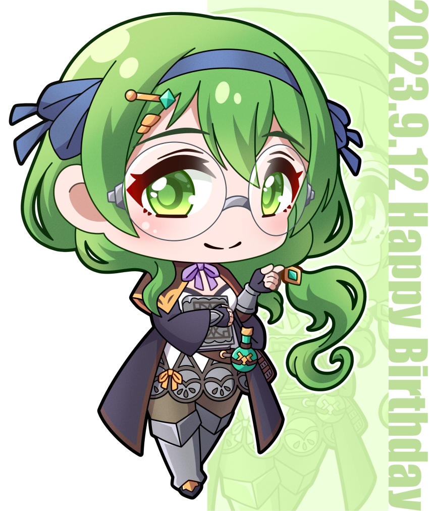 1girl absurdres armored_boots black_gloves blue_hairband book boots brown_capelet brown_pantyhose capelet chibi closed_mouth commentary_request dated dress fingerless_gloves full_body glasses gloves green_eyes green_hair hairband hand_up happy_birthday highres holding holding_book karin_(alchemist)_(princess_connect!) karin_(princess_connect!) long_hair long_sleeves looking_at_viewer neck_ribbon open_clothes pantyhose princess_connect! purple_ribbon ribbon saishosaisekojo smile solo standing very_long_hair white_background white_dress wide_sleeves zoom_layer