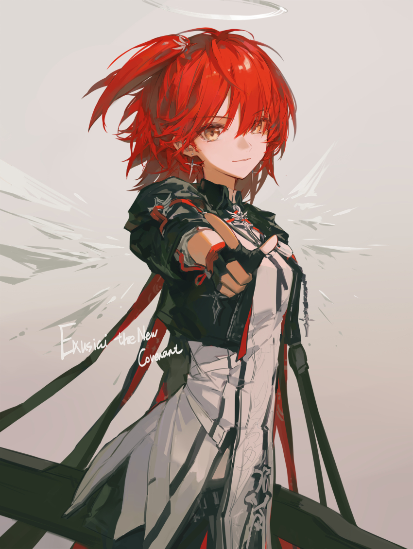 angel angel_wings arknights black_gloves black_jacket cross cross_earrings detached_wings dress earrings energy_wings exusiai_(arknights) exusiai_the_new_covenant_(arknights) fingerless_gloves gloves halo hand_up high_side_ponytail highres huanxiang_heitu jacket jewelry light_smile looking_at_viewer red_hair short_hair sleeves_rolled_up traditional_halo white_dress white_halo wings yellow_eyes