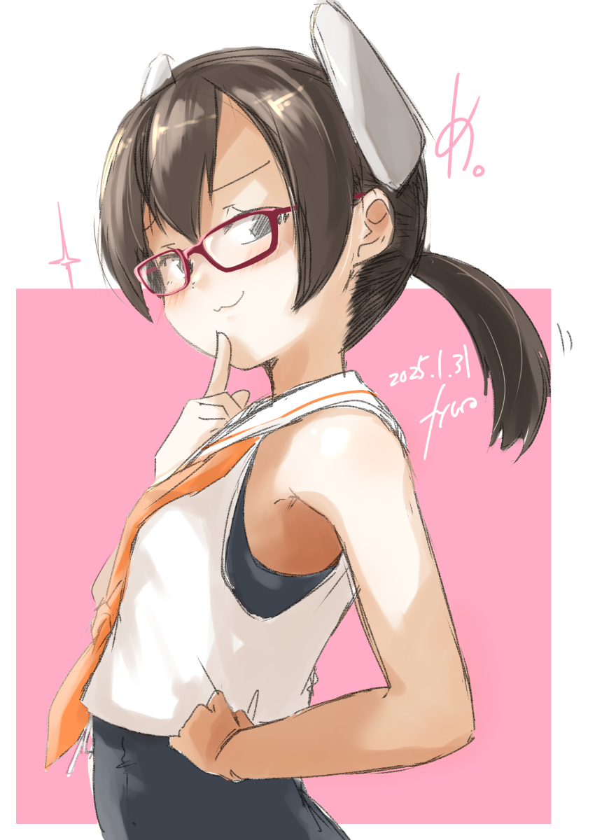 1girl absurdres artist_name bespectacled black_hair black_one-piece_swimsuit breasts dated finger_to_mouth fyuo glasses grey_eyes headgear highres i-41_(kancolle) kantai_collection low_ponytail medium_breasts neckerchief one-piece_swimsuit orange_neckerchief pink_background ponytail red-framed_eyewear sailor_collar sailor_shirt shirt sleeveless sleeveless_shirt smile solo swimsuit two-tone_background upper_body white_sailor_collar white_shirt