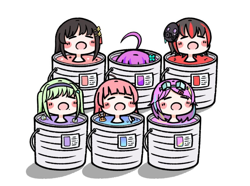 6+girls ahoge arcshizuku black_hair blunt_bangs can chibi date_akari gas_mask green_hair hair_ornament hairband heaven_burns_red highres ishii_iroha long_hair long_sleeves mask mikoto_fubuki mizuhara_aina mole multicolored_hair multiple_girls murohushi_risa nikaidou_misato open_mouth pink_hair purple_eyes purple_hair red_hair short_hair sidelocks streaked_hair tassel tassel_hair_ornament team_31d_(heaven_burns_red) twintails