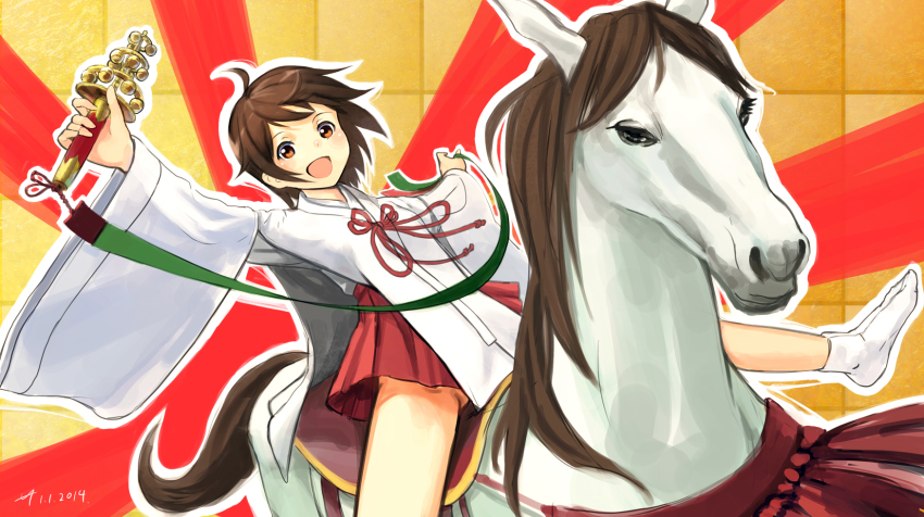 10s 1girl 2014 bad_id bad_pixiv_id bell brown_eyes brown_hair commentary_request dated gohei had_(had314) hakama hakama_skirt highres horse japanese_clothes jingle_bell kagura_suzu looking_at_viewer macedonian_flag mane miko no_panties open_mouth original outstretched_arms red_hakama ribbon riding saddle short_hair sketch skirt spread_arms spread_legs sunburst tabi wand wide_sleeves