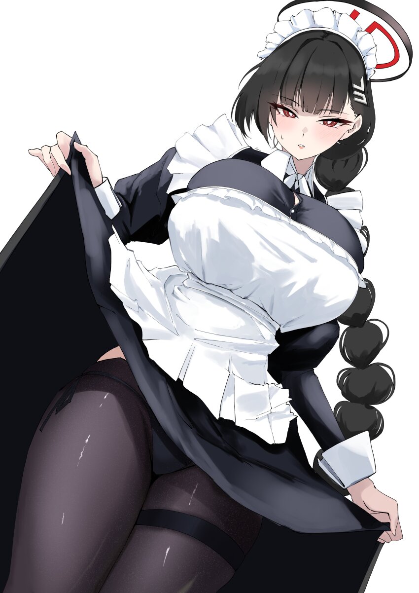 1girl absurdres apron black_dress black_hair black_pantyhose blue_archive blush braid braided_ponytail breasts dress hair_ornament hairclip halo highres kasumi_saika large_breasts long_hair long_sleeves looking_at_viewer pantyhose parted_lips red_eyes rio_(blue_archive) solo thighband_pantyhose thighs very_long_hair white_apron