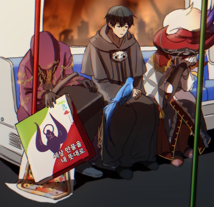 3boys :| alternate_form amon_(ff14) animal animal_on_lap bird bird_on_lap black_capelet black_footwear black_gloves black_hair black_robe cape capelet closed_mouth covered_face covering_face els_cine fandaniel final_fantasy final_fantasy_xiv food fringe_trim full_body gloves hat hat_feather hermes_(ff14) highres hood hood_down hood_up hooded_capelet hooded_robe male_focus mask unworn_mask meme meteion multiple_boys multiple_persona on_lap parody pizza pizza_box purple_robe red_headwear robe shoes short_hair sitting solid_circle_eyes spoilers train_interior unamused white_gloves zodiark_(ff14)