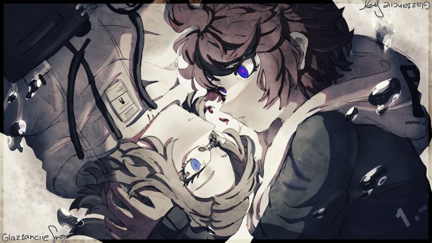 2boys aotsuki_eito blue_eyes border commentary derivative_work english_commentary glasses glaz1anciiejmg grey_hair grey_jacket highres hood hoodie jacket looking_at_another male_focus multiple_boys nisoku_hokou_(vocaloid) parted_lips red_hair ringed_eyes rotational_symmetry sepia short_hair sumino_takumi the_hundred_line_-last_defense_academy- transparent_border white_hoodie white_jacket