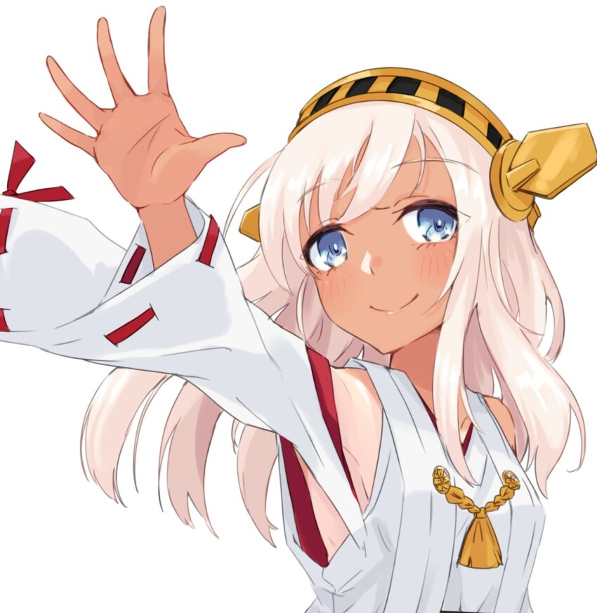1girl alakoala bare_shoulders blonde_hair blue_eyes blush closed_mouth cosplay detached_sleeves hairband headgear highres japanese_clothes kantai_collection kongou_(kancolle) kongou_(kancolle)_(cosplay) long_hair nontraditional_miko ribbon-trimmed_sleeves ribbon_trim ro-500_(kancolle) simple_background smile solo upper_body white_background white_sleeves wide_sleeves