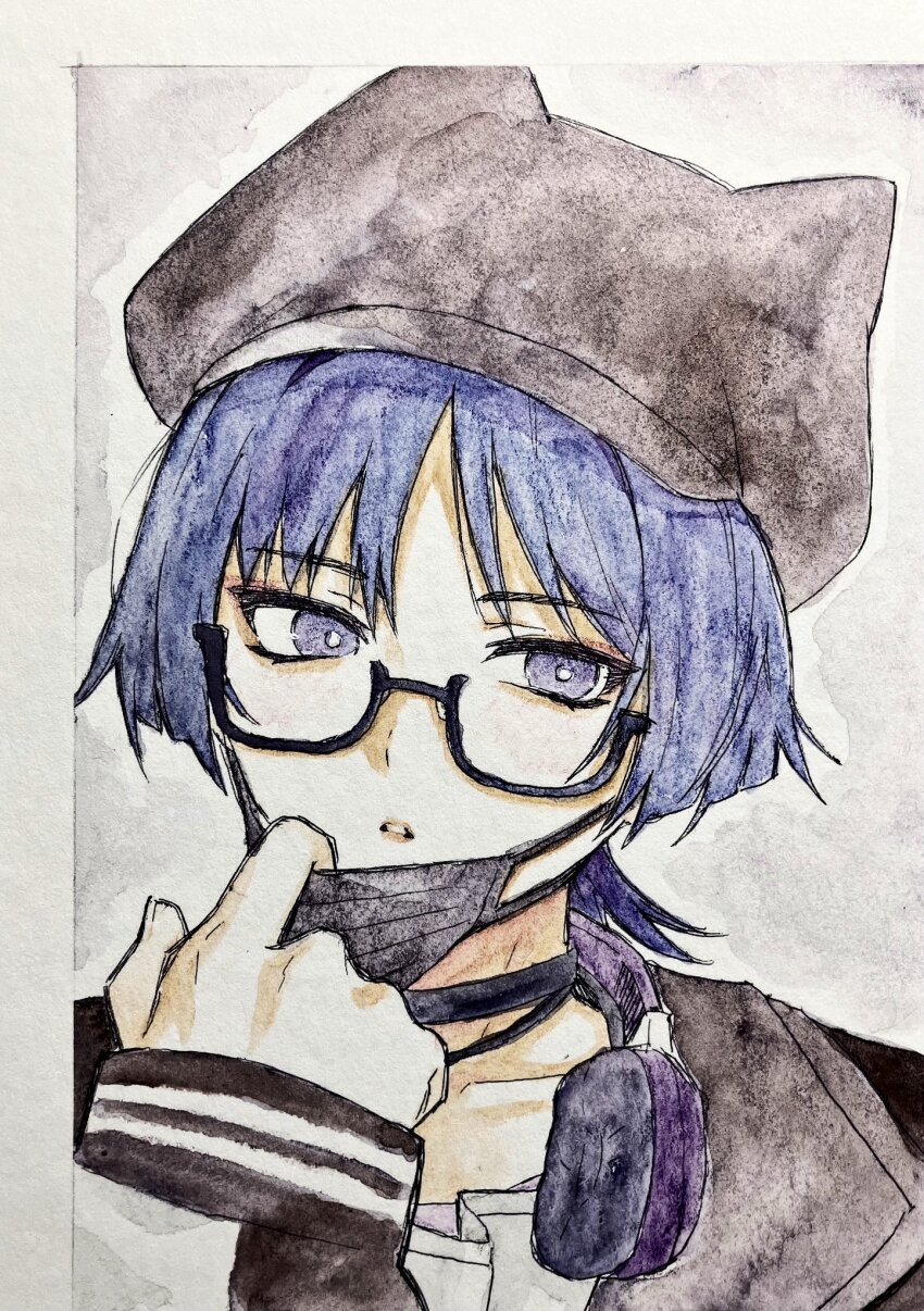 1boy alternate_costume animal_hat bespectacled black-framed_eyewear black_choker black_hat black_jacket black_mask blunt_ends border bright_pupils cat_hat choker collarbone contemporary eyelashes fingernails genshin_impact glasses grey_eyes hag_(hag_015) hat headphones headphones_around_neck highres hoyofair jacket lapels male_focus mask mask_pull mouth_mask parted_bangs parted_lips portrait purple_hair scaramouche_(genshin_impact) semi-rimless_eyewear solo traditional_media tsurime white_border white_mouth white_pupils white_undershirt