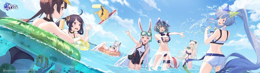 6+girls absurdres ahoge animal animal_ears ass azur_lane ball bare_shoulders beachball bikini blue_eyes blue_sky bow breasts brown_hair butt_crack cellphone character_request cheshire_(azur_lane) cheshire_(summery_date!)_(azur_lane) cloud cloudy_sky commentary copyright_name day diving_mask diving_mask_on_head eyewear_on_head fingerless_gloves fish food frills gloves goggles goggles_on_head hair_bow hair_ornament high_ponytail highres holding holding_food innertube logo long_hair manjuu_(azur_lane) medium_breasts multicolored_hair multiple_girls nagu new_jersey_(azur_lane) ning_hai_(azur_lane) ocean official_art one-piece_swimsuit one_eye_closed open_mouth outdoors partially_submerged phone ping_hai_(azur_lane) ping_hai_(summer_vacation)_(azur_lane) ponytail popsicle prinz_eugen_(azur_lane) prinz_eugen_(unfading_smile)_(azur_lane) purple_eyes rabbit_ears red_eyes red_hair sarong seashell see-through_clothes shell short_hair simple_background sky smile snorkel sunglasses surfboard swim_ring swimsuit taking_picture thigh_strap thighs tropical_fish twintails visor_cap vittorio_veneto_(azur_lane) vittorio_veneto_(the_flower_of_la_spezia)_(azur_lane) water water_drop white_hair yellow_eyes