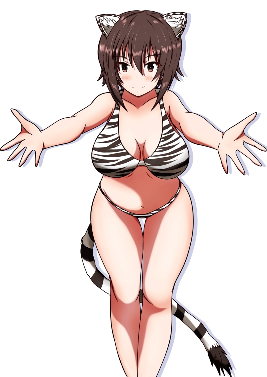 1girl animal_ears bikini breasts brown_eyes brown_hair closed_mouth commentary girls_und_panzer halterneck highres large_breasts looking_at_viewer meiya navel nishizumi_maho print_bikini reaching reaching_towards_viewer shadow short_hair simple_background smile solo standing striped_tail swimsuit tail thigh_gap tiger_ears tiger_stripes tiger_tail white_background white_bikini
