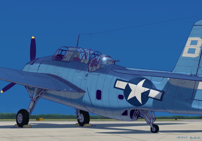 airfield artist_name dated day gun highres machine_gun nakaaki_masashi no_humans outdoors propeller real_life roundel sky tbf_avenger turret united_states_navy weapon wheel