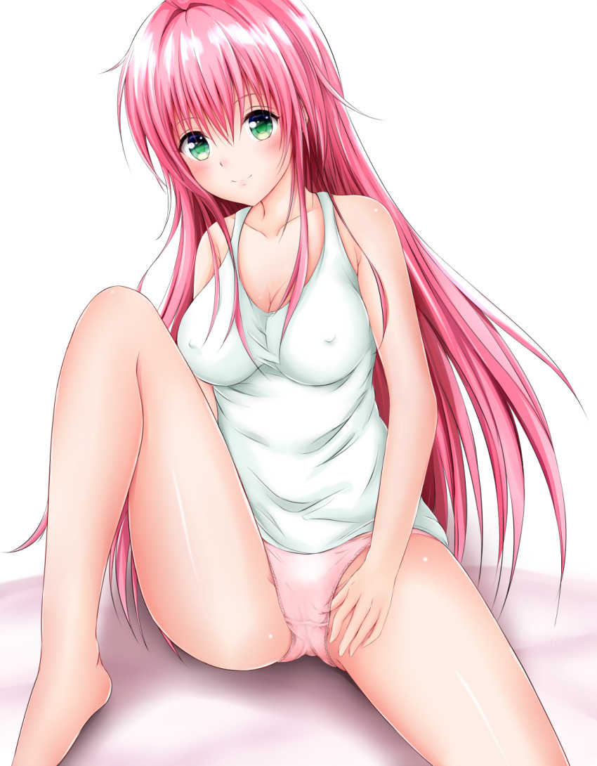 1girl bare_shoulders blush breasts cleavage covered_erect_nipples female_focus green_eyes hand_in_panties highres kaze_(kaze_kaza) knee_up lala_satalin_deviluke legs long_hair medium_breasts no_pants panties pink_hair pink_panties sitting smile solo spread_legs tank_top thighs to_love-ru to_love-ru_darkness underwear very_long_hair white_tank_top