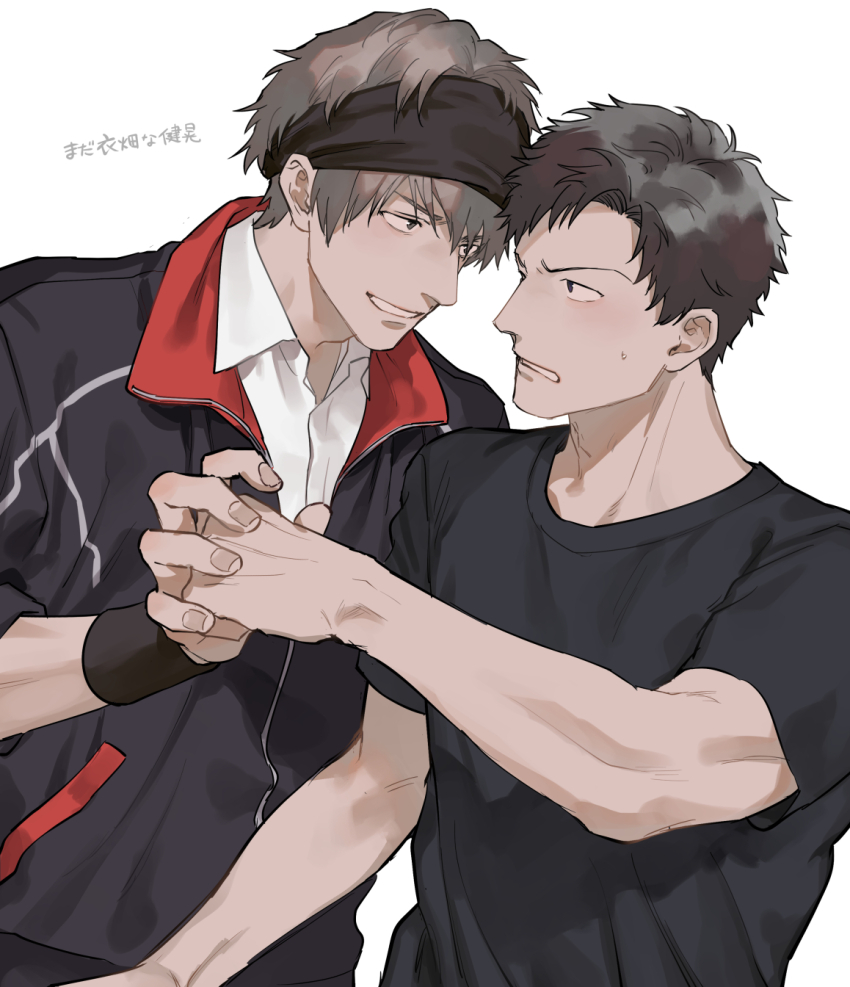 2boys black_hair black_headband black_jacket black_shirt brown_hair clenched_hand clenched_teeth collared_shirt grin hair_between_eyes headband highres jacket male_focus multicolored_jacket multiple_boys original otani_(gloria) shirt short_hair simple_background smile sweatdrop teeth translation_request two-tone_jacket upper_body v-shaped_eyebrows white_background white_shirt