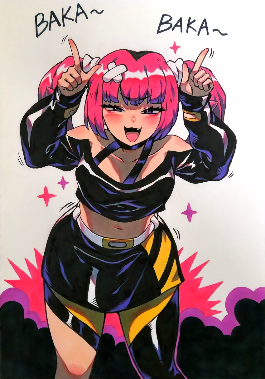 1girl absurdres belt black_giraffe black_shirt blunt_bangs blush breasts commentary coral_(pokemon) english_commentary eyelashes fang hair_ornament highres long_sleeves navel nintendo off_shoulder open_mouth pink_hair pokemon pokemon_(anime) pokemon_horizons shirt simple_background skirt sleeves_past_wrists solo twintails white_background