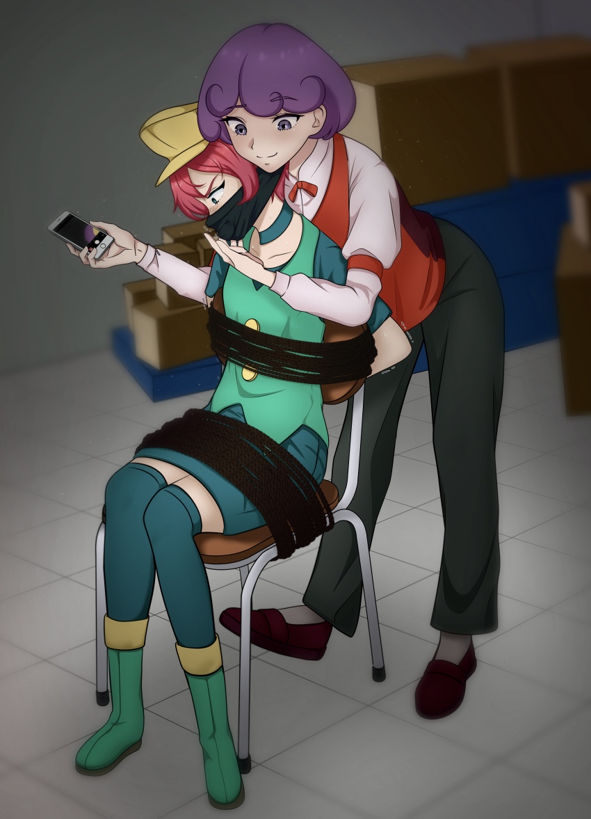 2girls absurdres armband bdsm black_pants bondage bound brown_footwear burgundy_(pokemon) choker cloth_gag constricted_pupils dress femdom gag gagged game_freak georgia_(pokemon) glaring green_choker green_dress green_thighhighs highres holding holding_phone improvised_gag indoors kidnapped long_sleeves looking_at_another multiple_girls nintendo over_the_nose_gag pants phone pokemon pokemon_(anime) pokemon_bw_(anime) punksamurai purple_eyes purple_hair red_vest restrained rope shirt short_hair thighhighs tied_to_chair vest white_shirt yellow_headwear yuri zettai_ryouiki