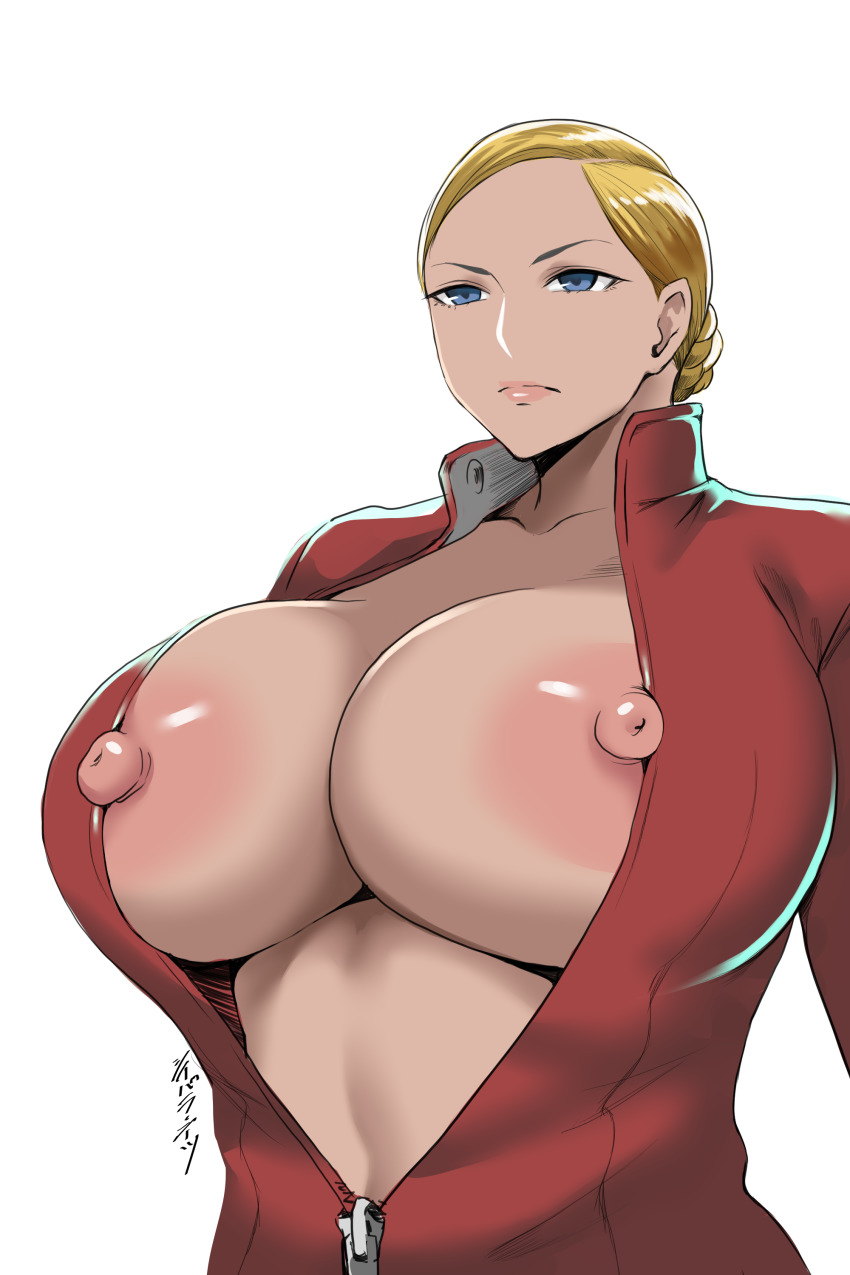 1girl absurdres android blonde_hair blue_eyes breasts cleavage cyborg highres huge_breasts large_areolae large_nipples nipple_slip nipples open_clothes robot robot_girl shibusun shiibara_tetsu short_hair solo t-x terminator_(series) terminator_3:_rise_of_the_machines upper_body