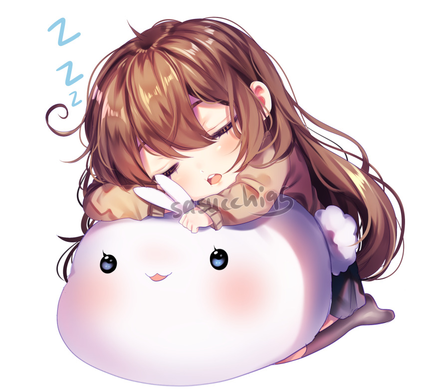 1girl animal artist_name artist_self-insert black_skirt blue_eyes blush brown_hair brown_sweater closed_eyes commentary cowlick double-parted_bangs english_commentary full_body grey_socks hair_between_eyes head_rest highres kneehighs long_hair long_sleeves no_shoes open_mouth original pleated_skirt puffy_long_sleeves puffy_sleeves rabbit round_teeth sasu_(sasucchi95) sasucchi95 simple_background sitting skirt socks solo sweater teeth tongue transparent_background u_u upper_teeth_only very_long_hair white_rabbit_(animal) zzz